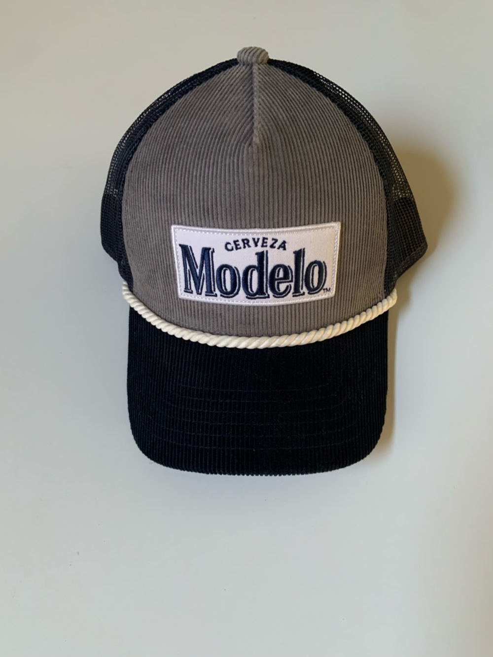 ModelCo Corduroy Trucker Cap in Gray and Black with Rope Trim